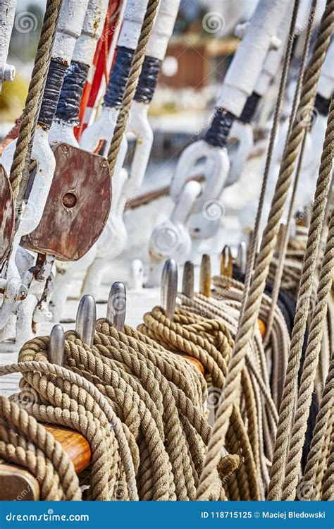 Rigging And Details Of Marine Equipment Of Sailboat Closeup - Ropes ...