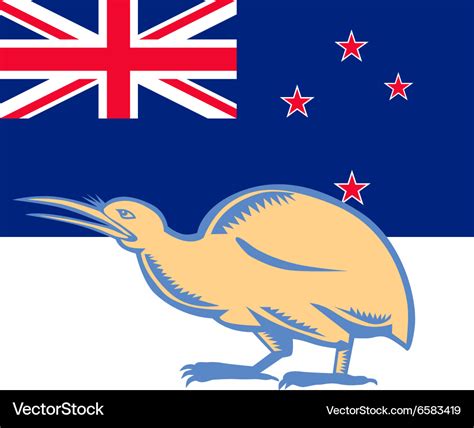 Kiwi Bird NZ Flag Woodcut Royalty Free Vector Image