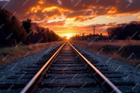 Premium Photo | Train tracks leading into a sunset with a sunset in the background.