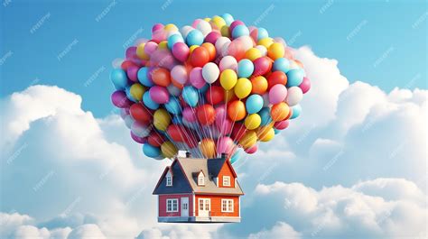 Premium AI Image | illustration of floating house flying with many balloon