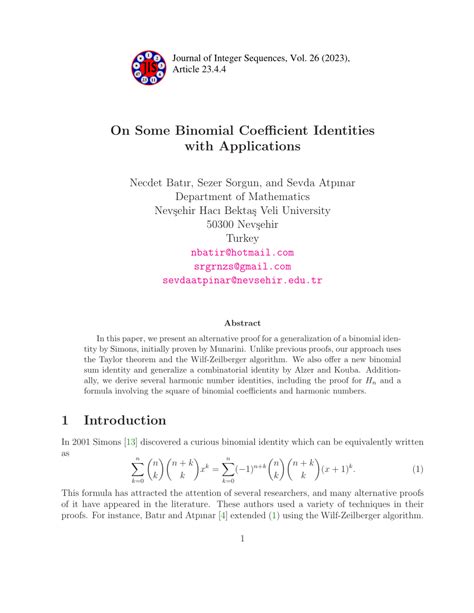 (PDF) On Some Binomial Coefficient Identities with Applications