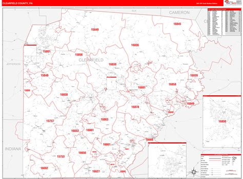 Clearfield County, PA Zip Code Wall Map Red Line Style by MarketMAPS