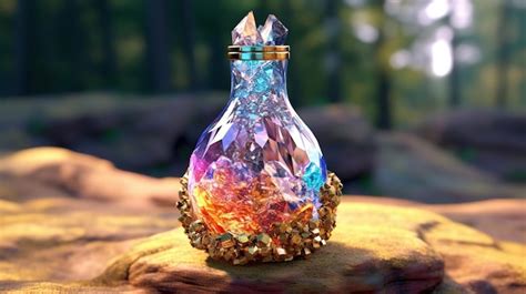 Premium Photo | A glass jar with crystals in it sits on a tree stump.