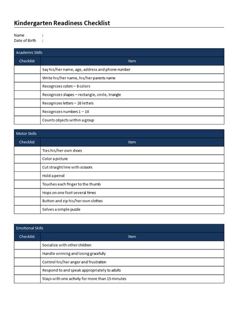 Kindergarten Readiness Checklist | Templates at allbusinesstemplates.com