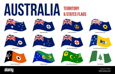 Australia All States, Internal Territories And The External Territory Flags Waving Vector ...