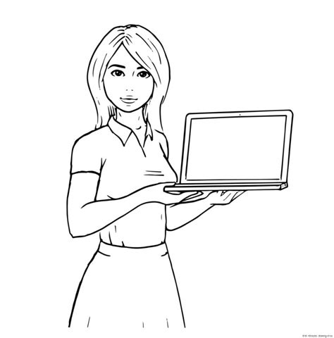 Woman with laptop draw – Line art illustrations