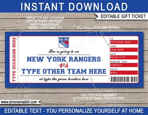 New York Rangers Game Ticket Gift Voucher | Printable Surprise Hockey ...