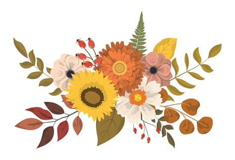 Cute autumn colorful floral bouquet in rustic style with forest leaves. Flowers, dry leaves, and ...