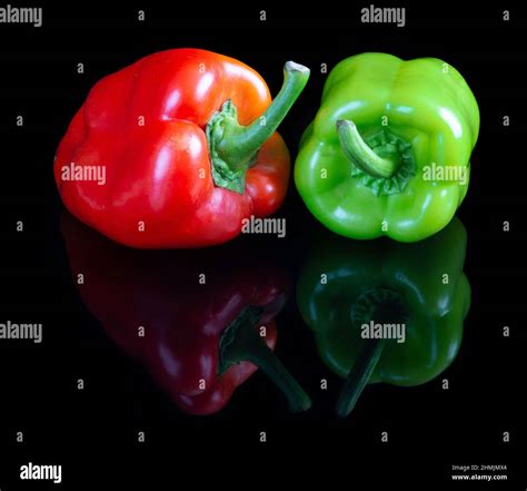 Red and green pappers on black reflective studio background Stock Photo - Alamy