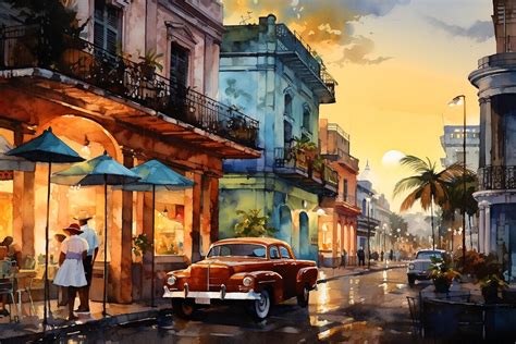 Cuban Cafe at Dusk, Watercolor Style Digital Wall Art, Canvas Hanging Wall Artwork, Vintage Look ...