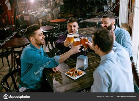 Men Drinking Beer Pub Friends Toasting Alcohol Drinks Bar High — Stock ...