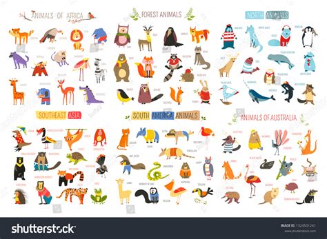 Cartoon Animals Birds Different Continents Vector Stock Vector (Royalty ...