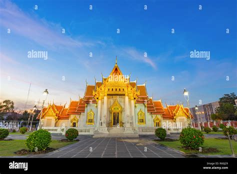 Thai Marble Temple (Wat Benchamabophit Dusitvanaram) night scene at dusk in Bangkok, Thailand ...