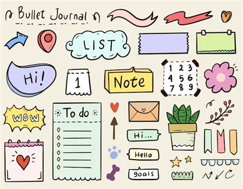 Premium Vector | Cute bullet journal notes paper and ornament collection set in colorful style