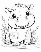 Hippo Coloring Cute Baby Cartoon Drawing Pages Kids Printable Template  sketch template