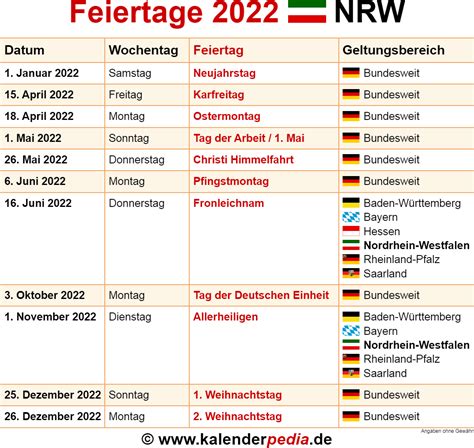 Feiertage Nordrhein-Westfalen (NRW) 2022 - Kalenderpedia