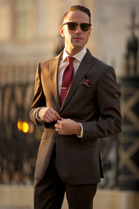 dark tux with burgundy accents, perfect for groomsmen (With images) | Brown suits for men, Brown ...