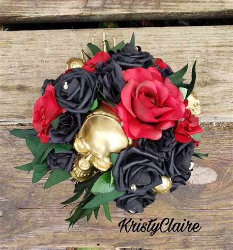 Gothic Halloween Bridal Bouquet, Red Rose, Black Rose, Gold Skulls, Greenery, Eucalyptus, Silk ...