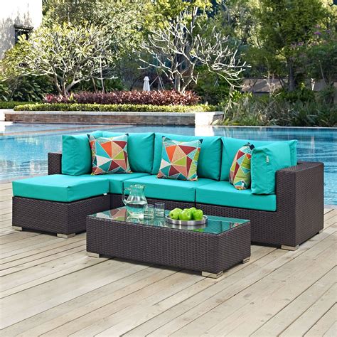 Convene 5 Piece Outdoor Patio Sectional Set in Espresso Turquoise Cheap Pergola, Deck With ...