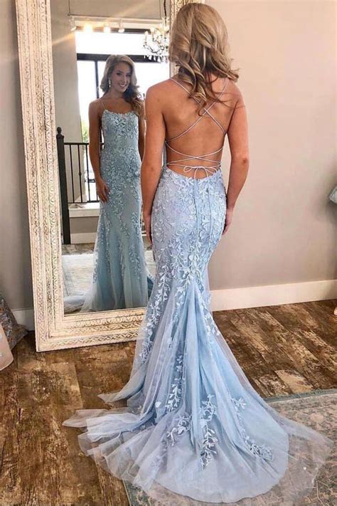 Spaghetti Strap Light Sky Blue Mermaid Prom Dresses Backless Formal Dr ...