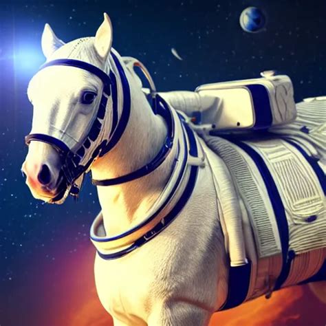 KREA - horse wearing a space suit with helmet, floating in outer space, high tech saddle ...