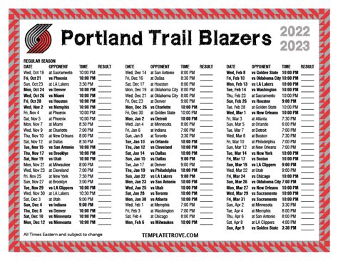 Printable 2022-2023 Portland Trail Blazers Schedule