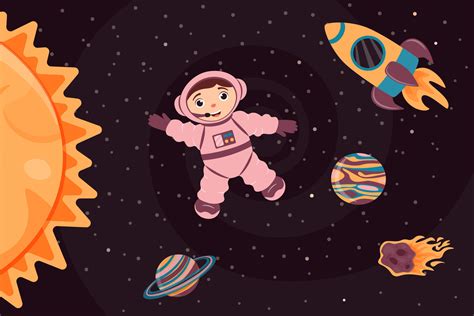 Background with cute astronaut, rocket, planet and meteorite in cartoon ...