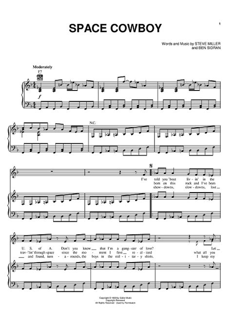 Space Cowboy" Sheet Music by Steve Miller Band for Piano/Vocal/Chords - Sheet Music Now