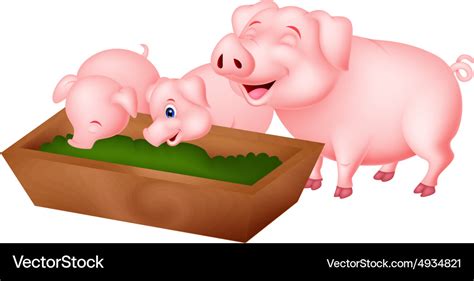 Happy cartoon pig eating Royalty Free Vector Image