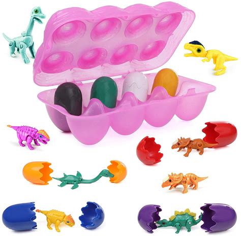 Top Right Toys Dinosaur Hatching Eggs 8 Toy Filled Dinosaur Hard Egg Shells in Multi Colors with ...