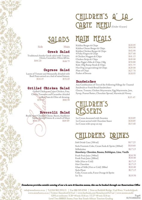 Menu at Stonehaven on Vaal restaurant, Vanderbijlpark