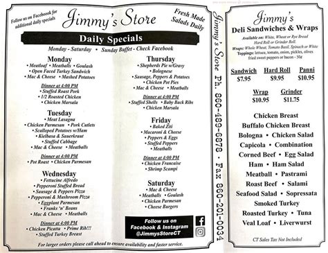 Menu at Jimmys Store restaurant, Torrington