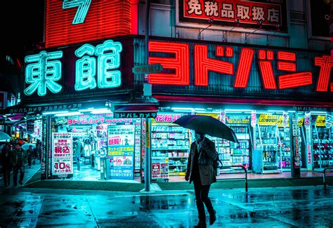 teemusphoto, walking, Tokyo, Japan, rain, cyan, red, neon, city lights, wet street, bright ...