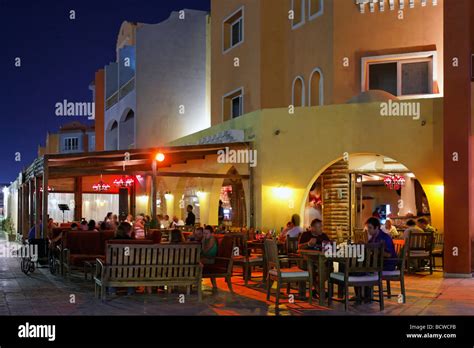 Street restaurant with people, evening, illuminated, marina, Hurghada ...