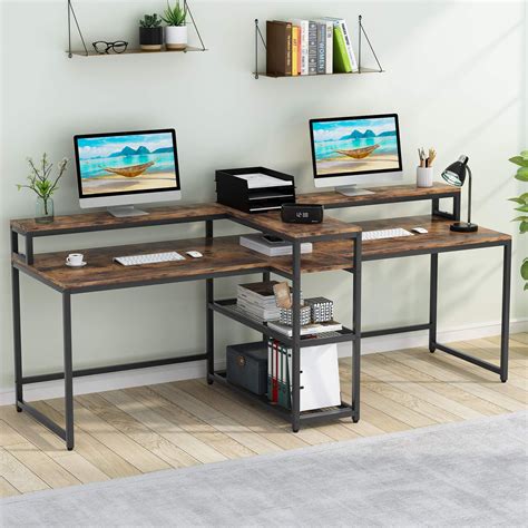 Tribesigns 78.7 Inch Two Person Desk with Storage Shelves, Long Computer Desk with Monitor Hutch ...