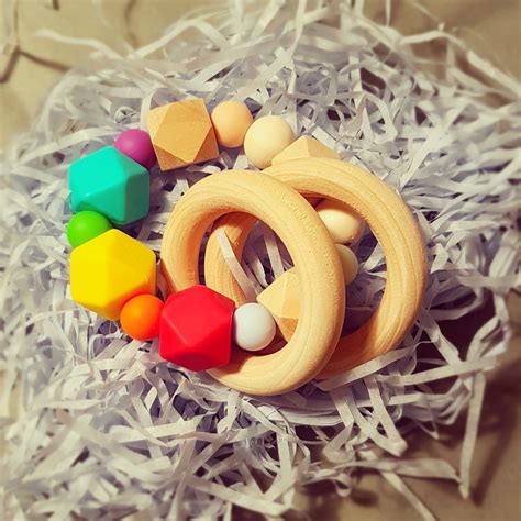 Wooden baby toy ring silicone eco-friendly rainbow colours | Etsy