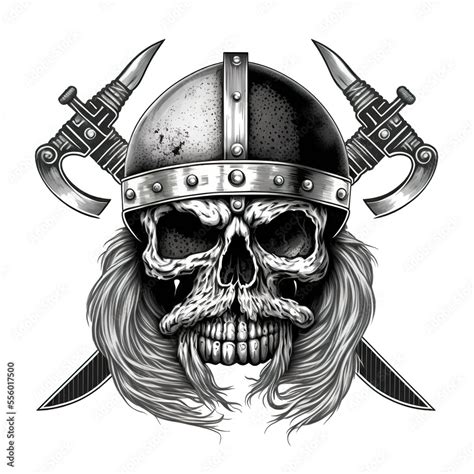 Graphic Realistic Skull. Dead Viking Warrior. Horned helmet. Scary ...