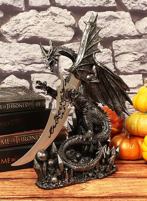 Large Dreamwork Fantasy Obsidian Dragon Statue With Fire Dagger Letter ...