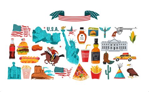 USA. Great collection of items, attractions, traditions, Souvenirs and food of America. Vector ...