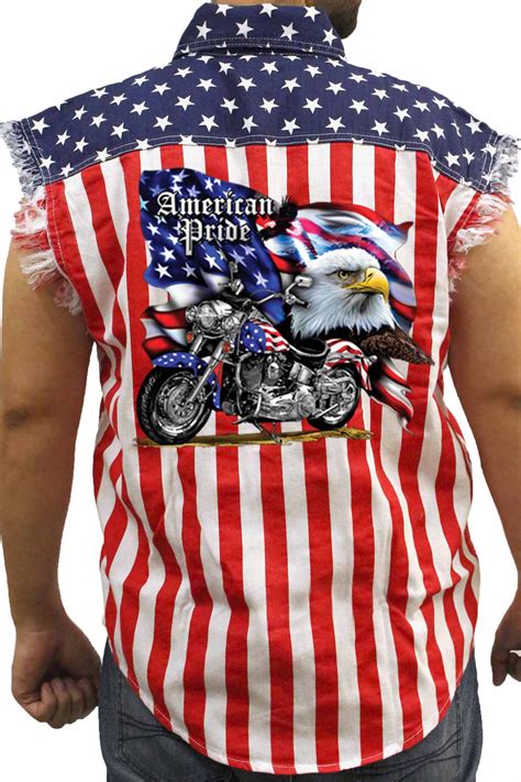 Biker Apparel - Men's USA Flag Sleeveless Denim Shirt American Pride ...