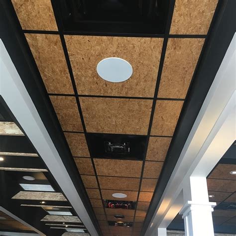 OSB ceiling tiles and painted ceiling grid. #GreatLook | Painted ceiling, Ceiling grid, Painted osb