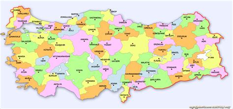 Türkiye Haritası (Siyasi): Şehir İsimleri Listesi İle Birlikte Renkli ...