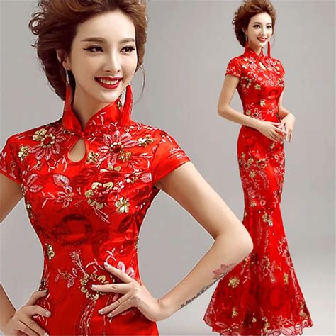 Chinese Traditional Dress Women's Satin Red Long Cheongsam dress Qipao Clothings embroidery ...