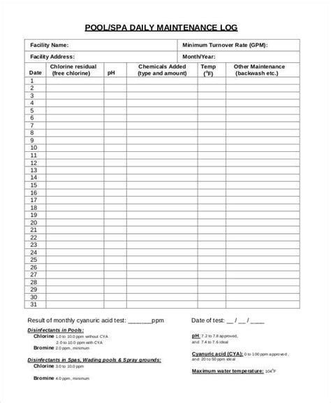 Pool Maintenance Log Printable