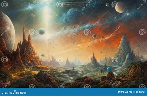 Surreal World Painting with Space Landscape Stock Illustration ...