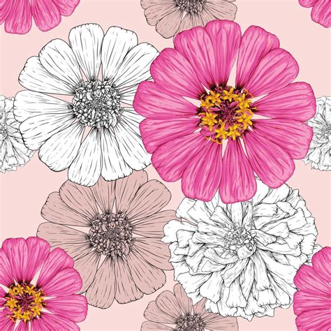 Seamless pattern floral with vintage Zinnia flowers black color abstract background.Vector ...