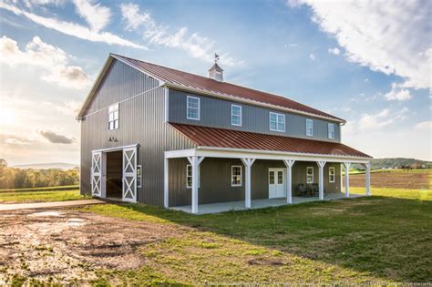 Two Story Pole Barn with Colonial Red ABSeam Roof and Charcaol ABM Panel Sides - Farmhouse ...