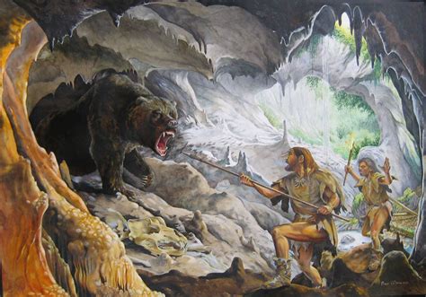 Mauro Cutrona - Two Neanderthals confront a Cave Bear | Prehistoric animals, Prehistoric ...