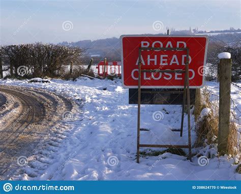 Road Closed Sign after Heavy Snow Fall Stock Photo - Image of outdoors, december: 208624770