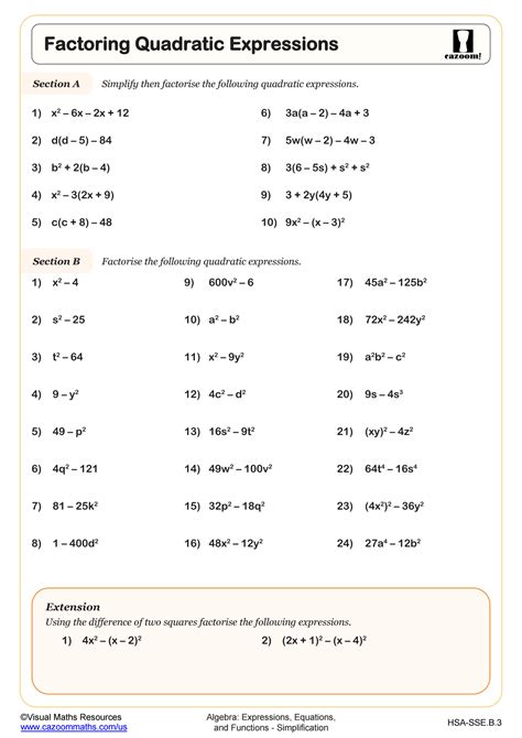 Factoring Quadratic Expressions Worksheet | Fun and Engaging Algebra I PDF Worksheets